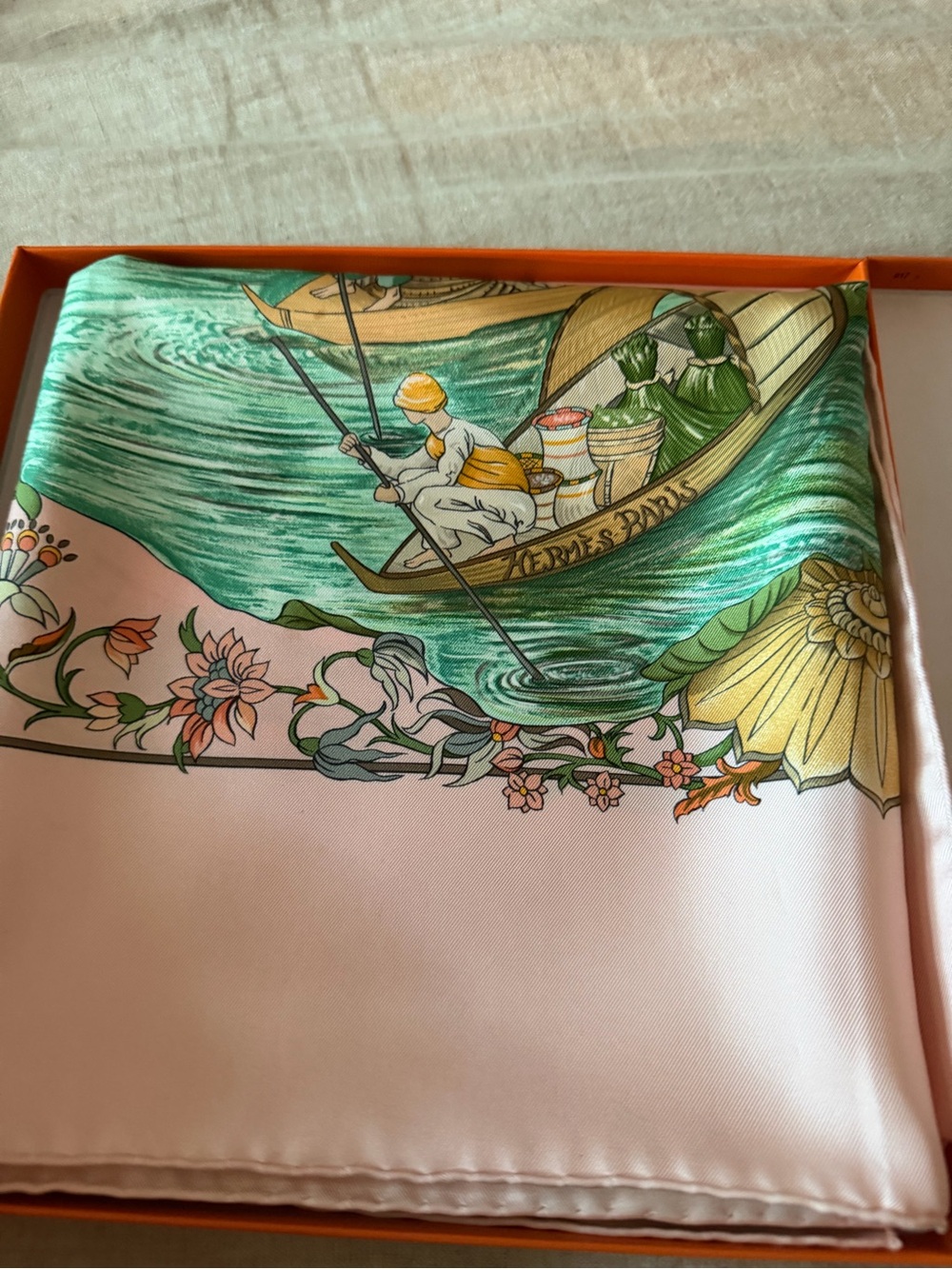 Hermes Pink and Green Silk Scarf with Lotus and River Scene - Picture 2 of 12